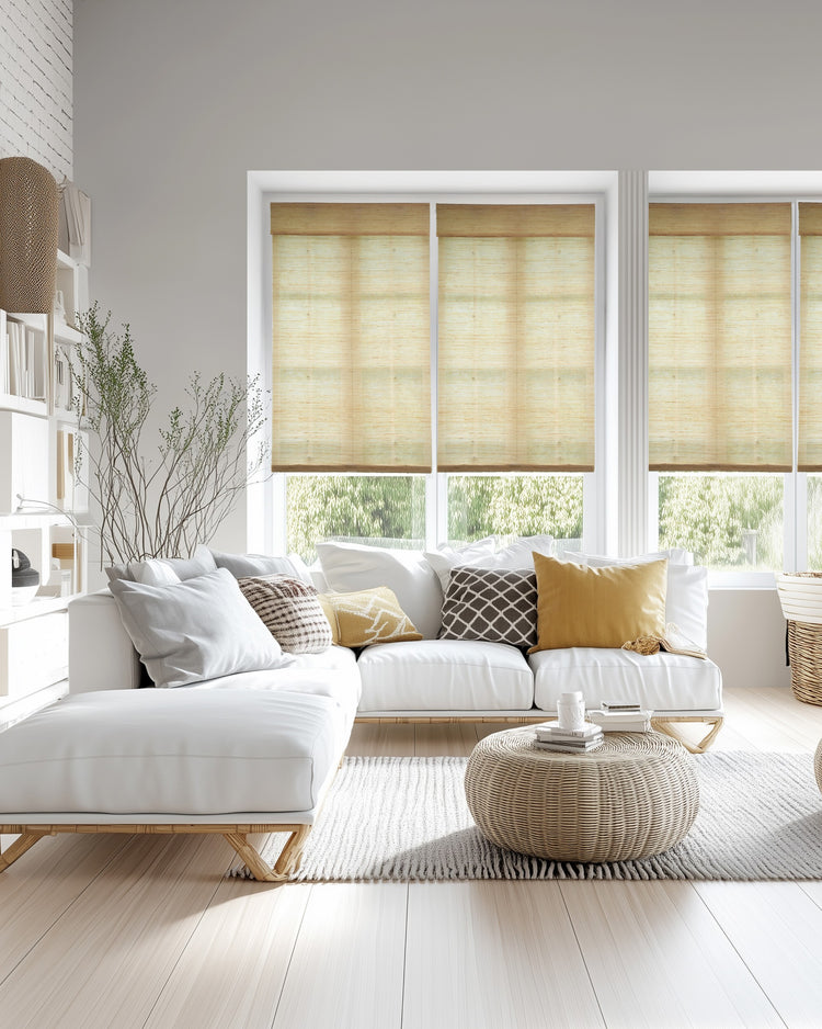 Natural hand-woven jute shades providing soft, golden light filtering in a minimalist modern living room with white sectional and decor.