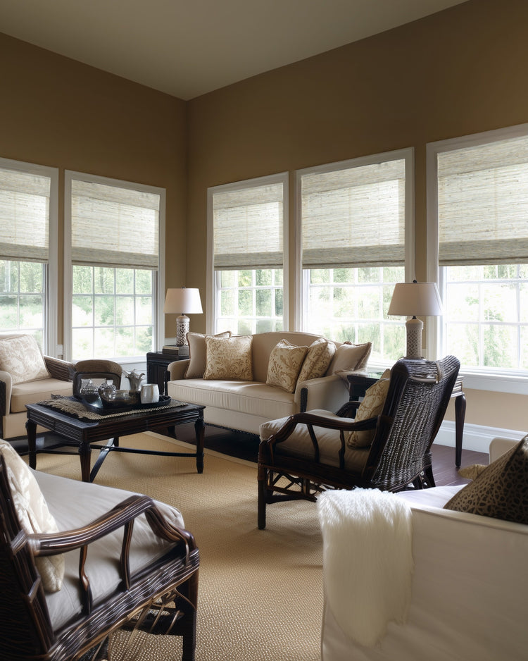 Elegant living room with multiple windows featuring natural textured Mia Jute woven shades, offering tailored light control and privacy.