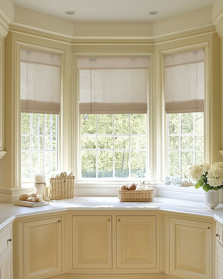 Elegant bay window with three Yuki white linen woven shades partially lowered, filtering light for privacy and a bright aesthetic.
