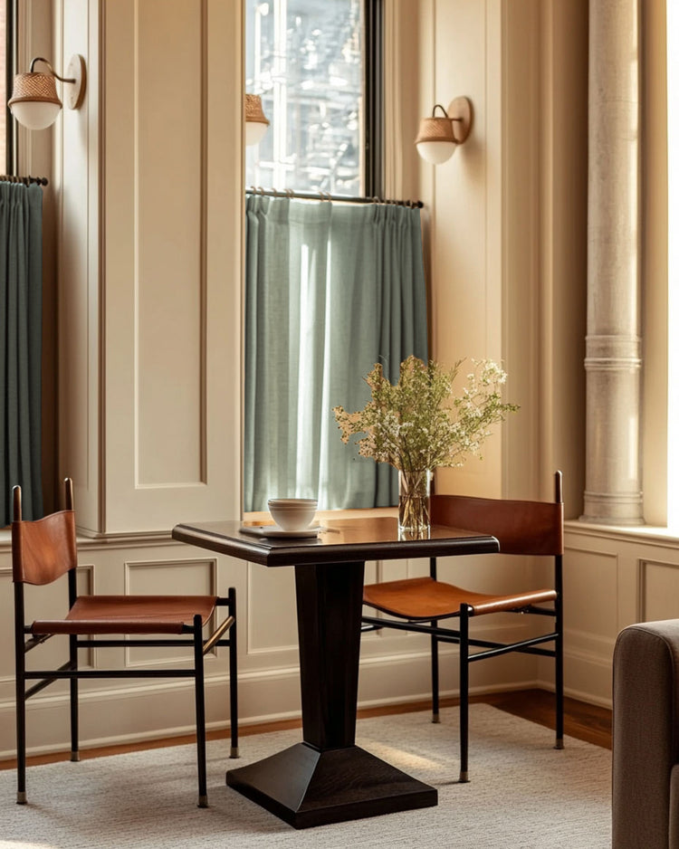 Sally linen blend custom cafe curtains, soft green, offering tailored privacy & light control in a chic interior.