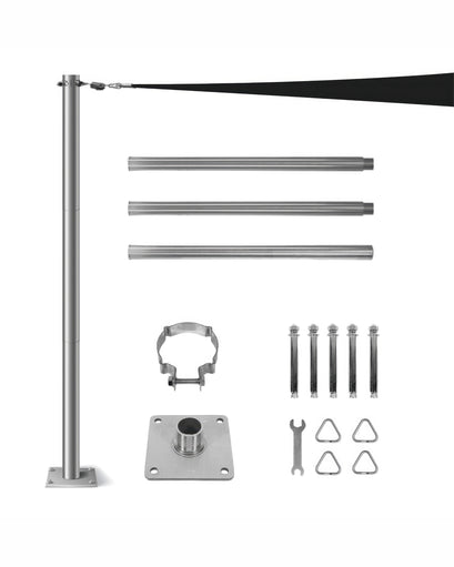 Complete stainless steel sun shade sail support pole kit, including assembled pole, extension segments, base, and installation hardware.