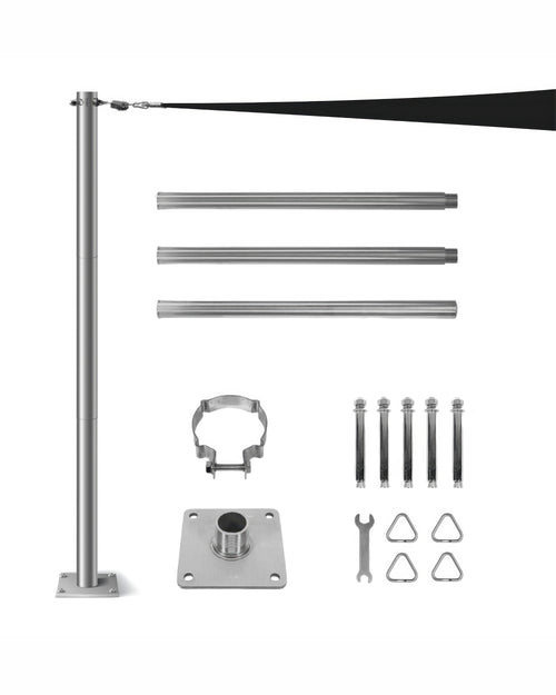 Complete stainless steel sun shade sail support pole kit, including assembled pole, extension segments, base, and installation hardware.