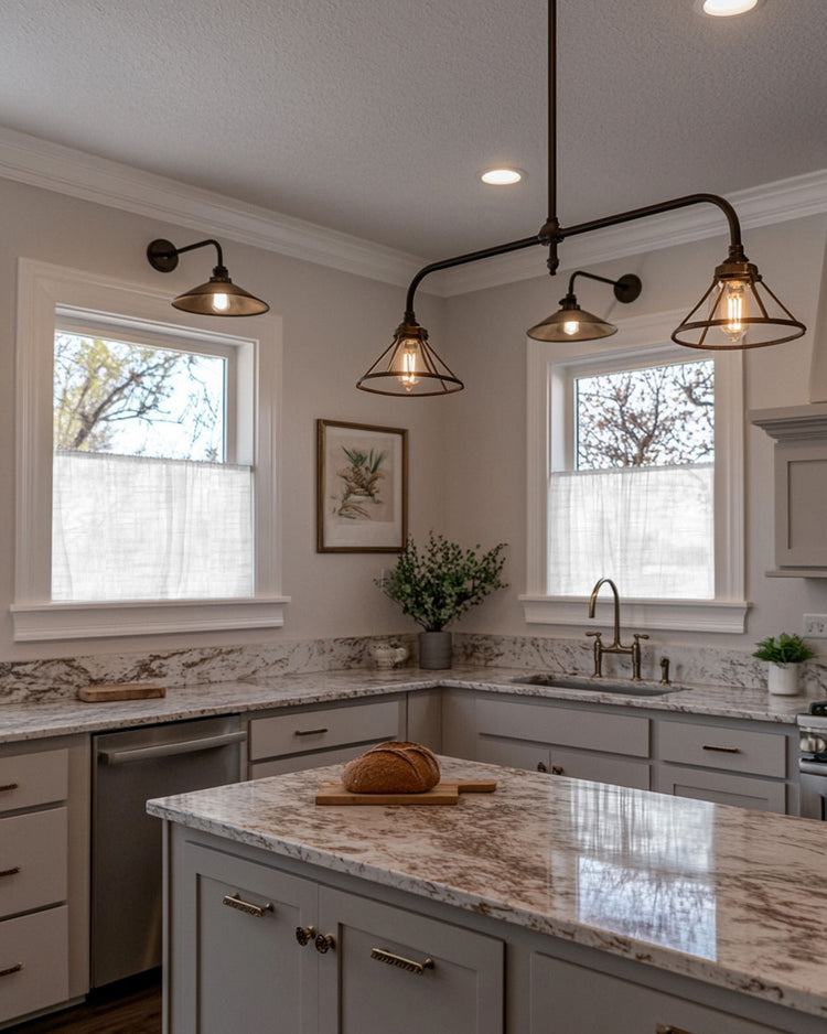 White Tehreem textured sheer custom cafe curtains adorn two kitchen windows, creating a cozy and private nook.