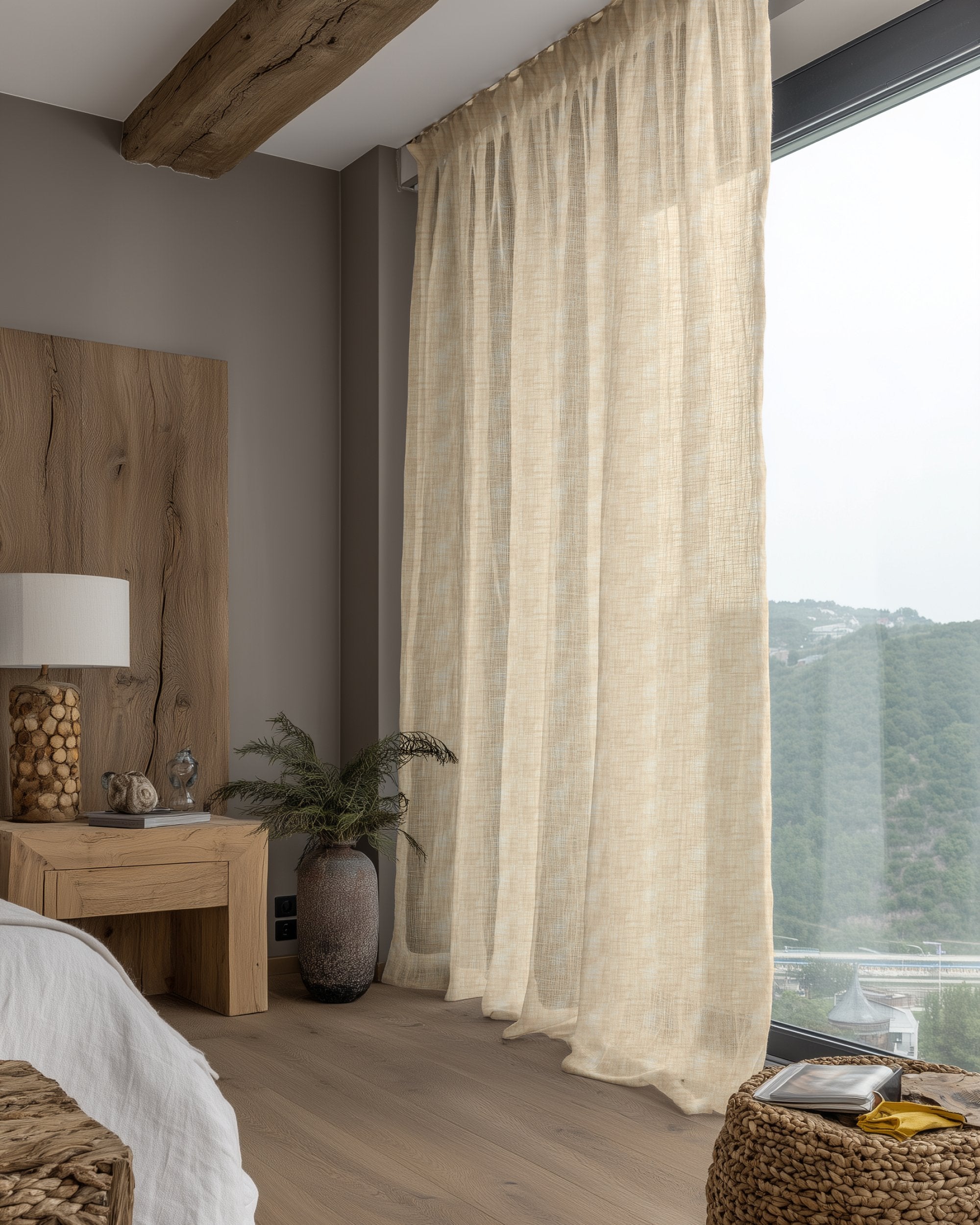Elegant Tehreem textured sheer custom drapery in a chic bedroom, providing soft natural light, privacy, and sophisticated aesthetics.
