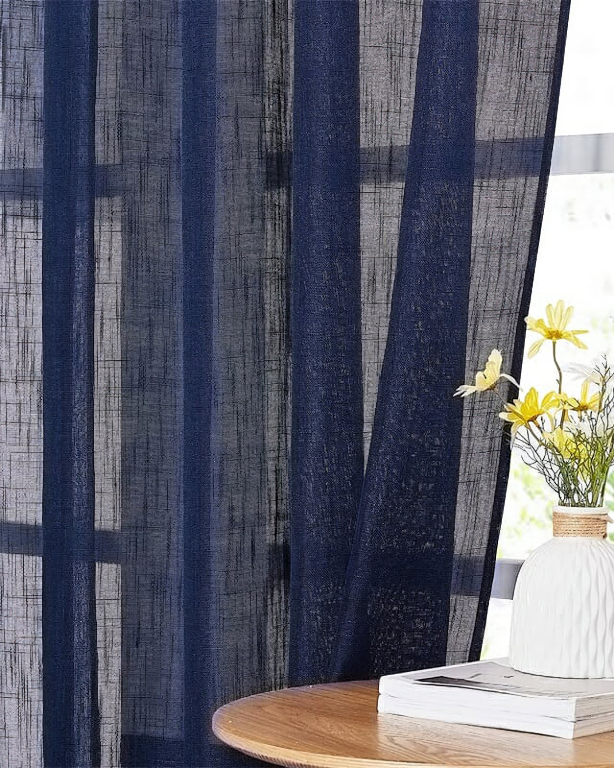 Tehreem Textured Sheer Custom Curtain Dark Blue Close-up sunroom