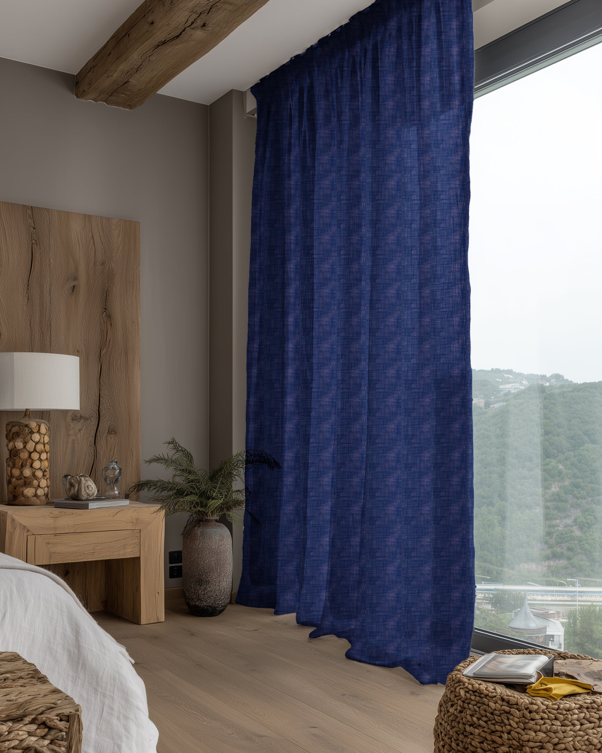 Tehreem Textured Sheer Custom Curtain Dark Blue Side