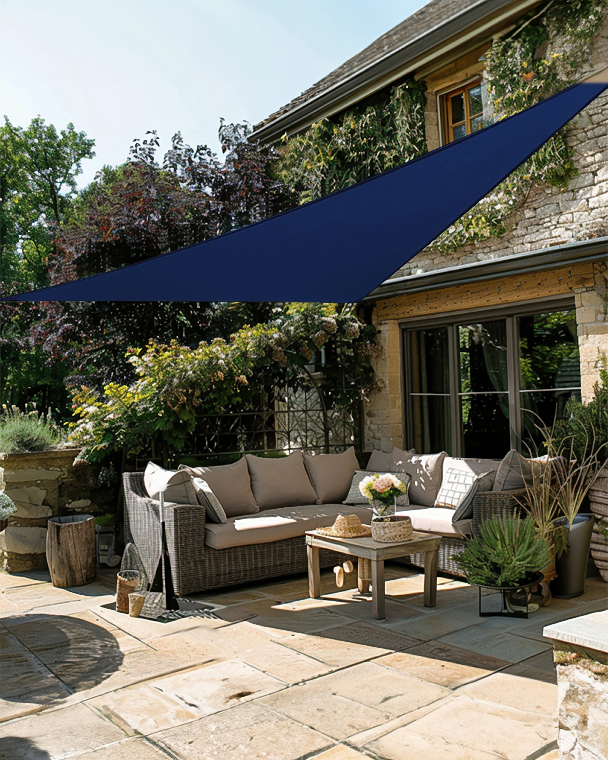 UVShield Waterproof Triangle Sun Shade Sail Blue Courtyard Side