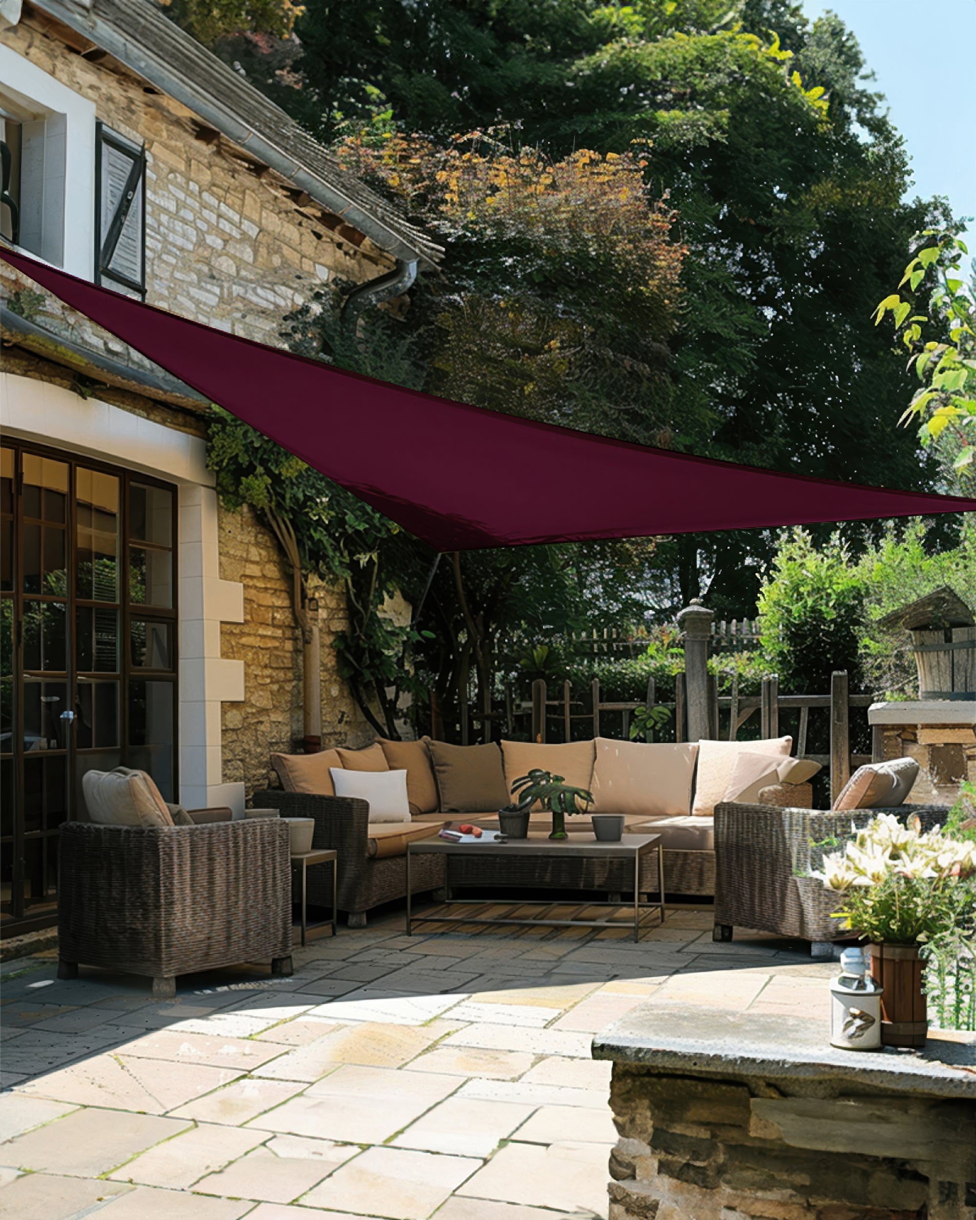 UVShield Waterproof Triangle Sun Shade Sail Burgundy Courtyard
