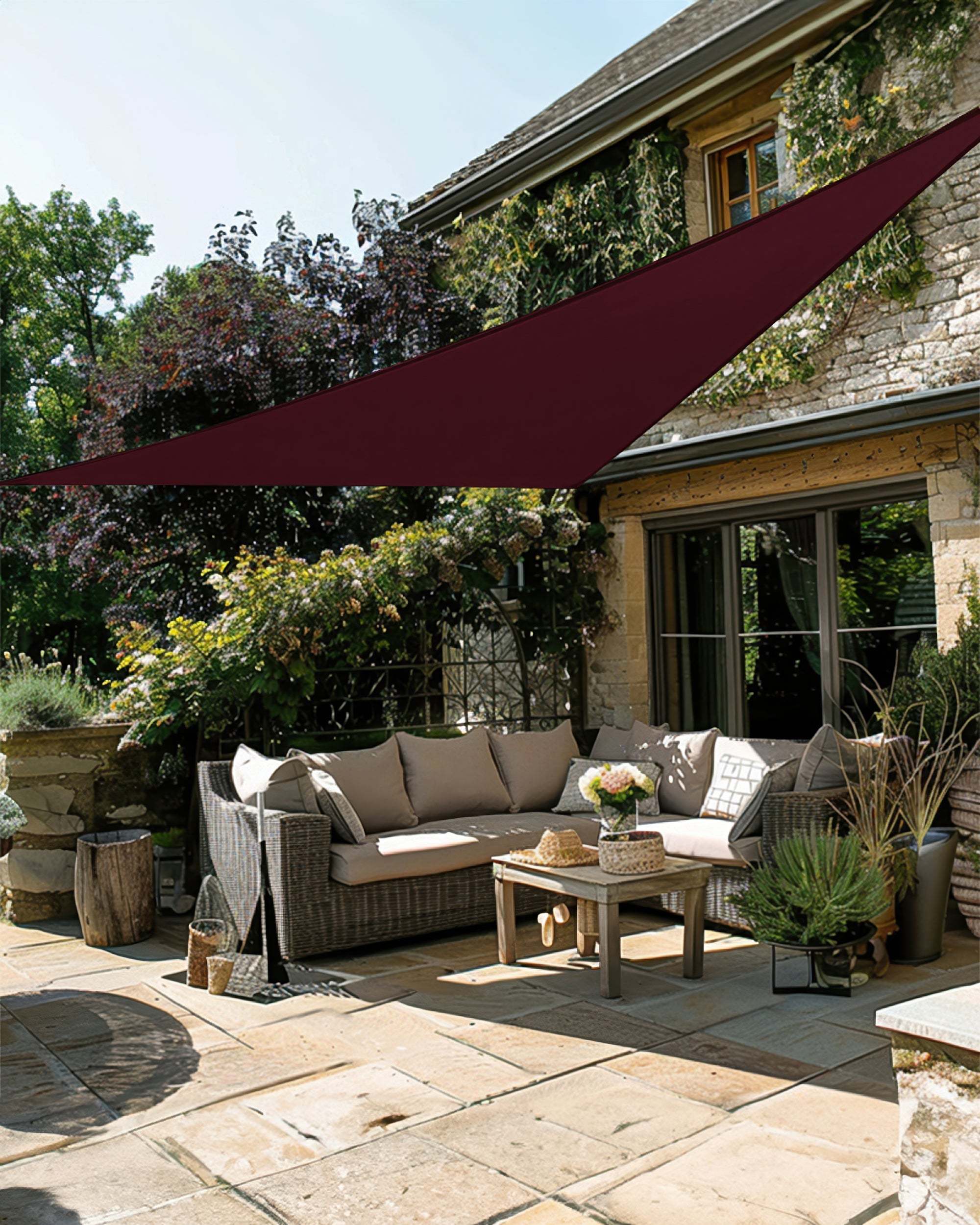 UVShield Waterproof Triangle Sun Shade Sail Burgundy Courtyard Side