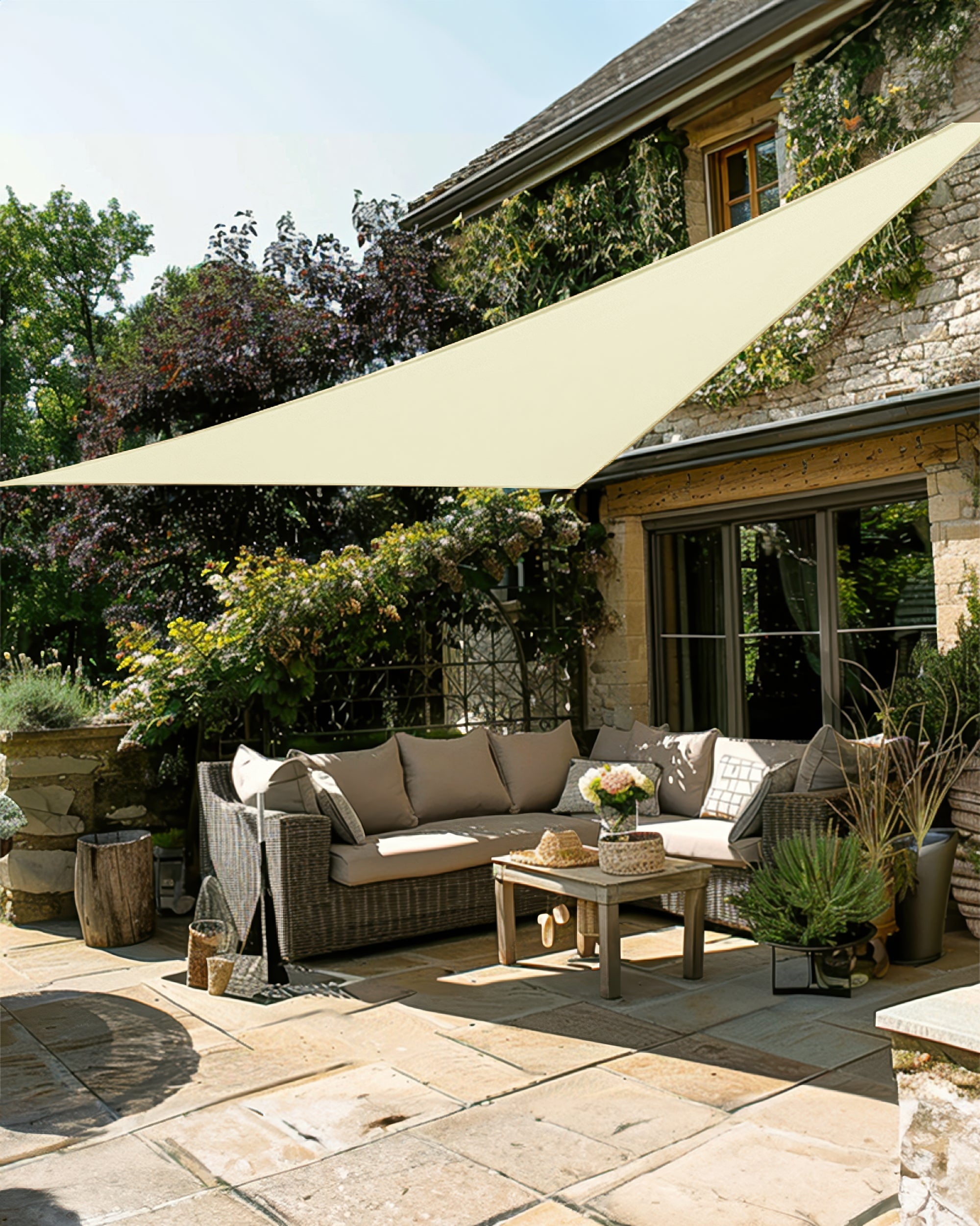 UVShield Waterproof Triangle Sun Shade Sail Cream Courtyard Side