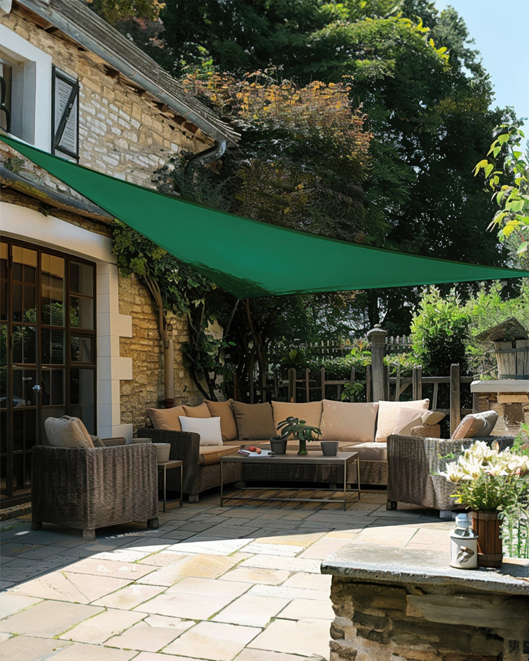 UVShield Waterproof Triangle Sun Shade Sail Forest Green Courtyard