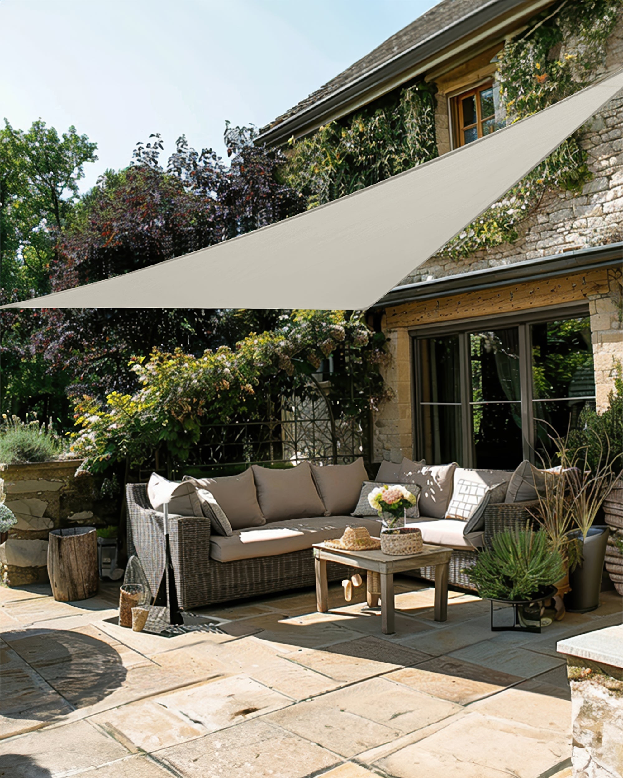 UVShield Waterproof Triangle Sun Shade Sail Grey Courtyard Side