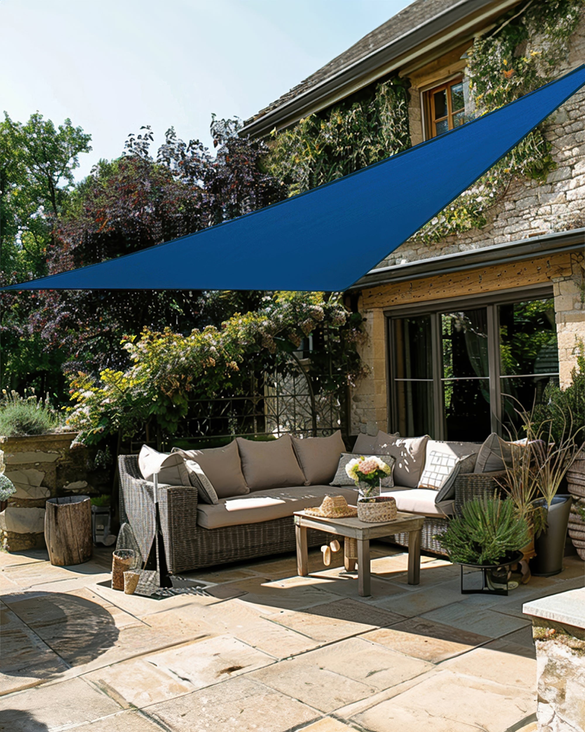 UVShield Waterproof Triangle Sun Shade Sail Navy Blue Courtyard Side