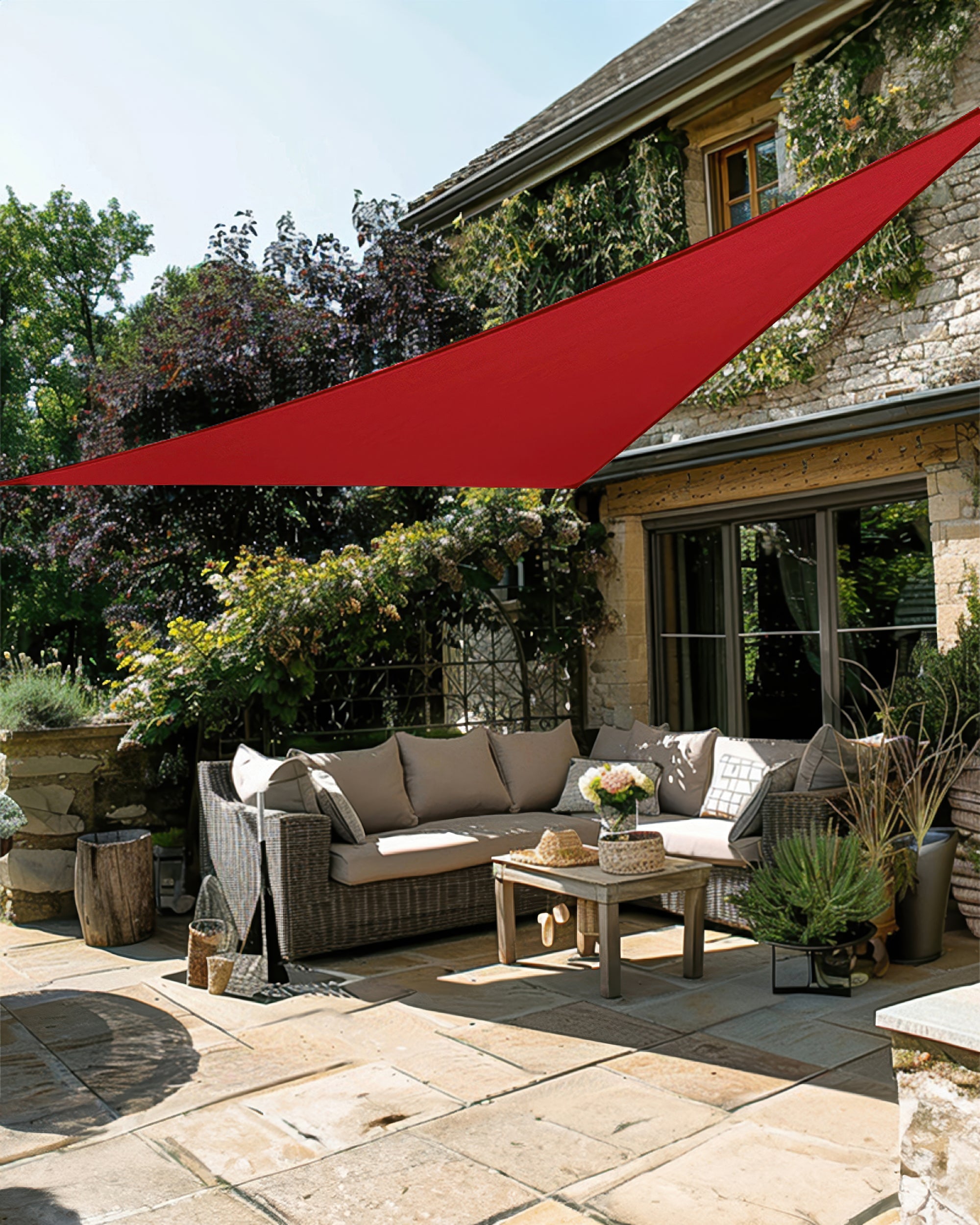 UVShield Waterproof Triangle Sun Shade Sail Red Courtyard Side