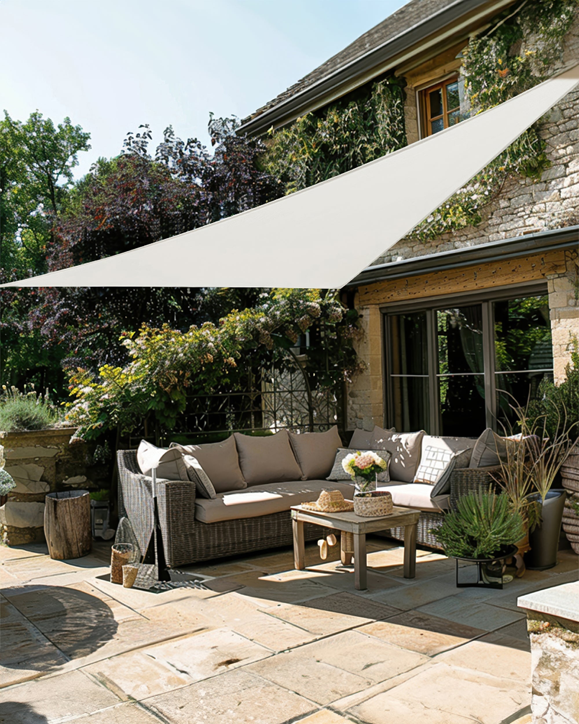 UVShield Waterproof Triangle Sun Shade Sail White Courtyard Side