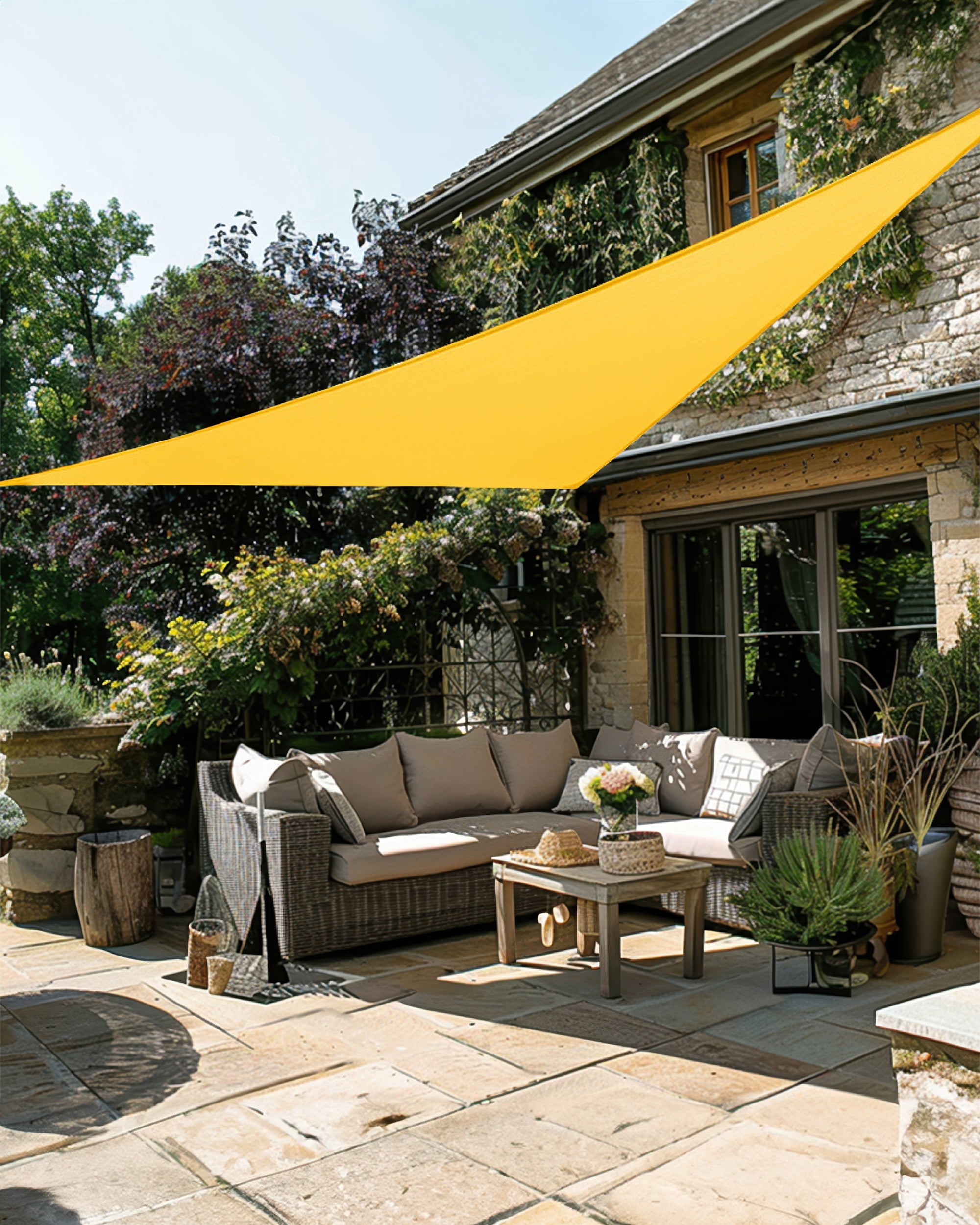 UVShield Waterproof Triangle Sun Shade Sail Yellow Courtyard Side