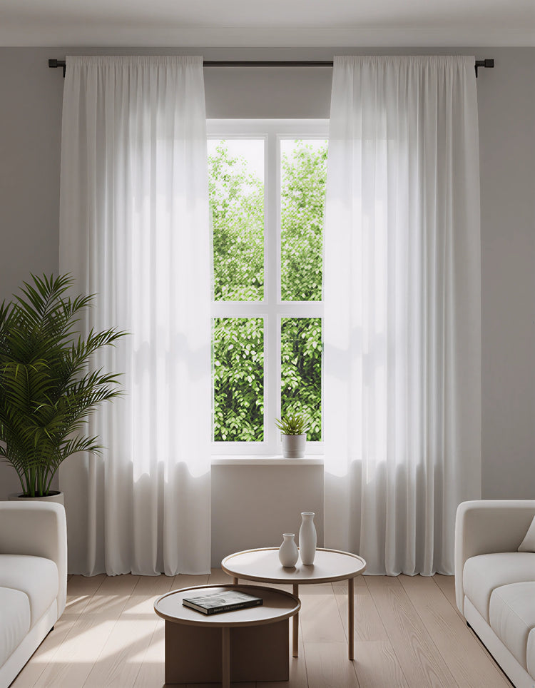 Elegant white yarn linen look sheer custom curtains with a gather top header, providing privacy & soft light in a stylish living room.