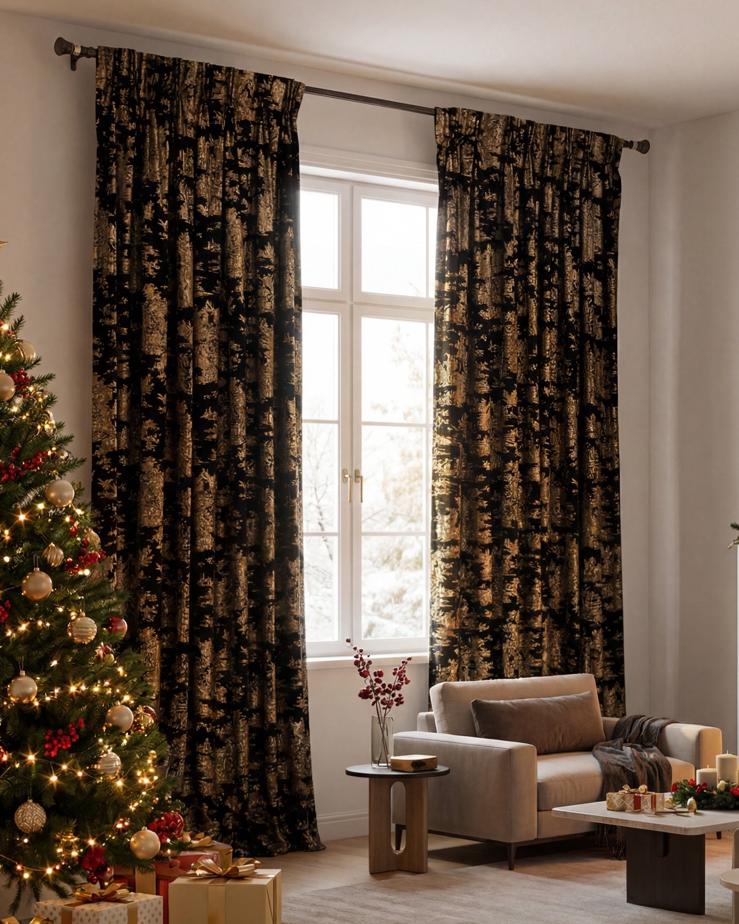 Zen 53 x 95 inch Double French Pinch Pleat Black Velvet Patterned Curt