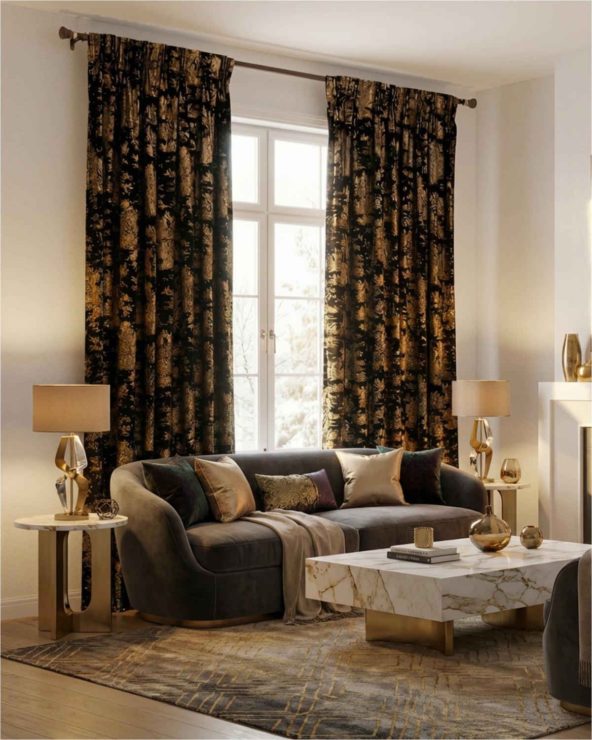 Zen foil printed velvet custom curtains with black and gold metallic patterns in a luxury Italian-designed living room.