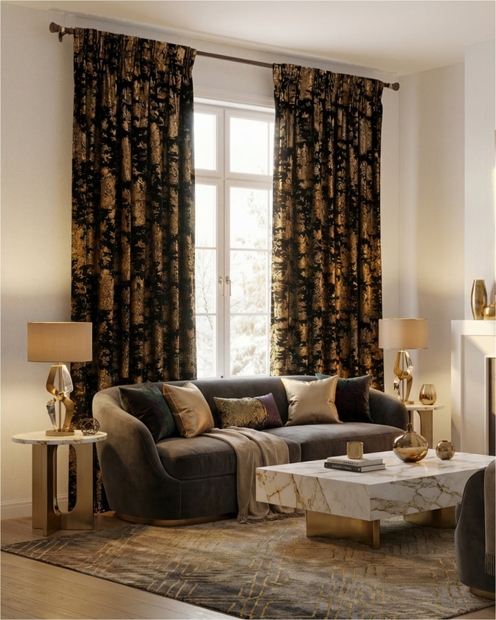 Zen foil printed velvet custom curtains with black and gold metallic patterns in a luxury Italian-designed living room.
