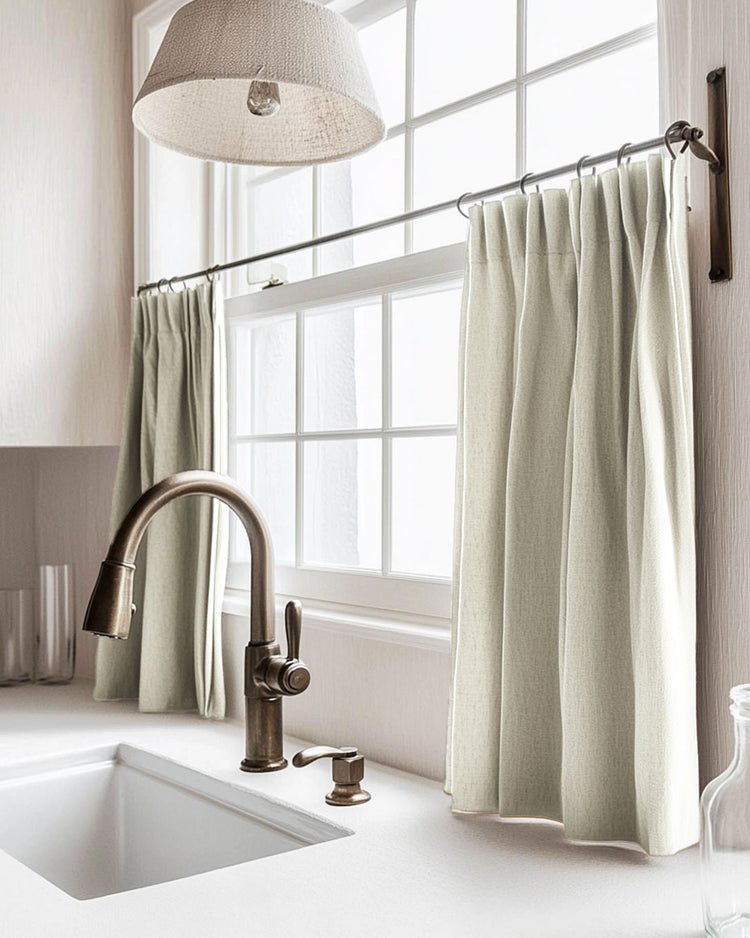 Tailored Zoe linen look cafe curtains elegantly dress a kitchen window above a sink, providing light control & cozy charm.