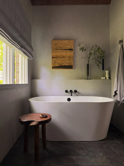 Zoe Flat Fold Linen Look Cordless Custom Roman Shade — modern bathroom window