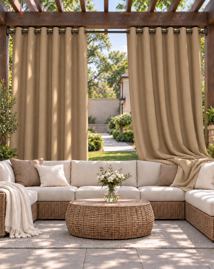 Aquashield™ 4-Layers OEKO Blackout Soundproof Anti-Dust Water-Resistant Outdoor Curtain in Beige, open curtains.