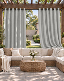 Aquashield™ 4-Layers OEKO Blackout Soundproof Anti-Dust Water-Resistant Outdoor Curtain in Greyish White, open curtains.