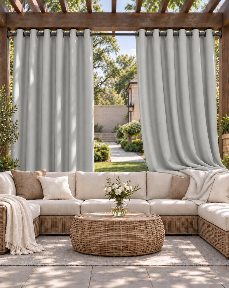 Aquashield™ 4-Layers OEKO Blackout Soundproof Anti-Dust Water-Resistant Outdoor Curtain in Greyish White, open curtains.