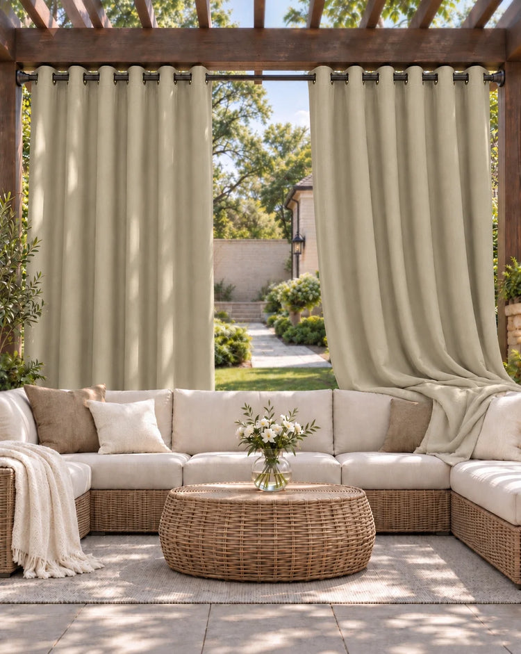 Aquashield™ 4-Layers OEKO Blackout Soundproof Anti-Dust Water-Resistant Outdoor Curtain in Light Beige, open curtains.