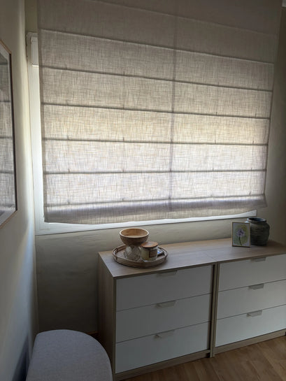 Cassie Flat Fold Linen Blend Cordless Custom Roman Shade — window shade in room
