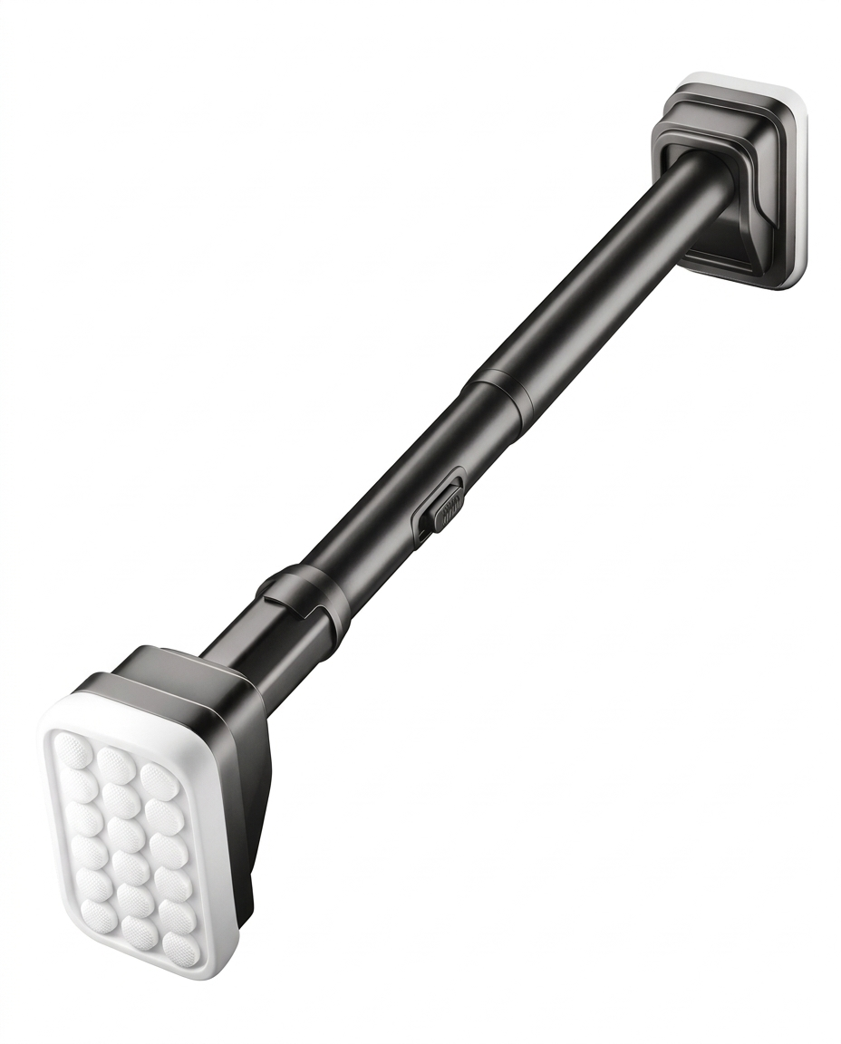 Heavy duty black adjustable tension curtain rod with white textured non-slip end pads for no-drill installation.