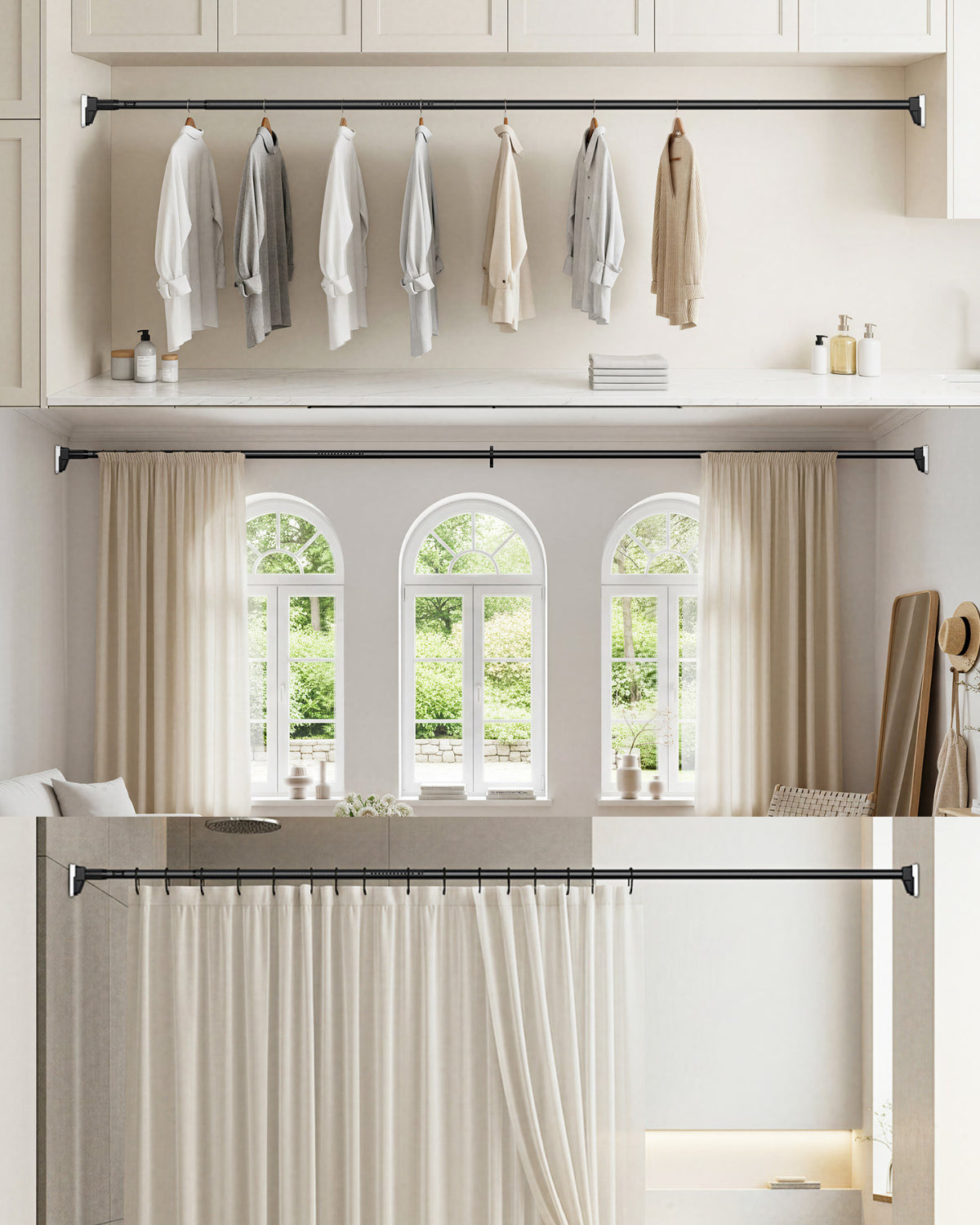 Versatile heavy duty no drill tension curtain rod shown as a closet rack, window treatment, and shower curtain rod.
