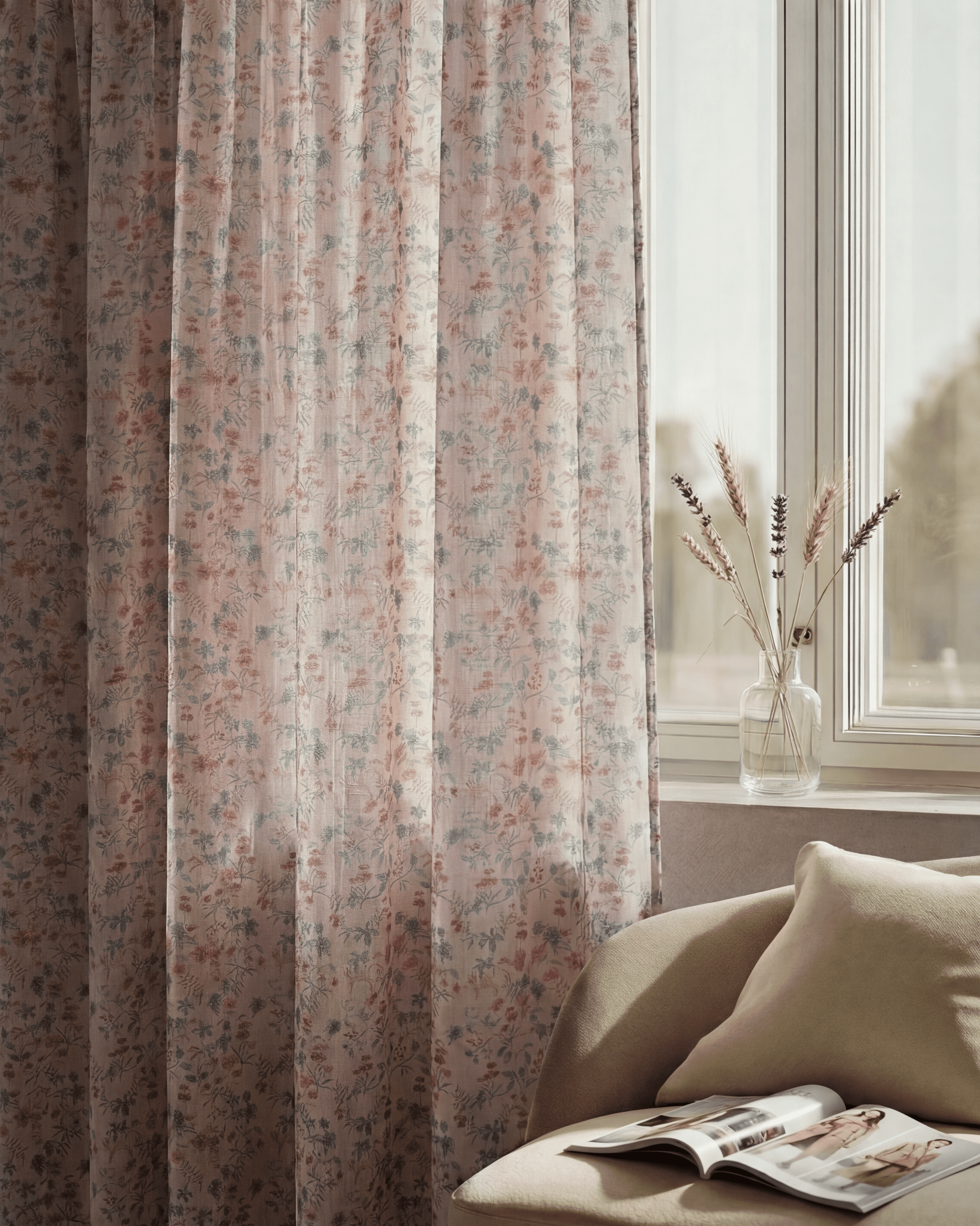 Sway floral patterned sheer custom curtains with soft pink botanical print hanging beside a window and beige armchair.