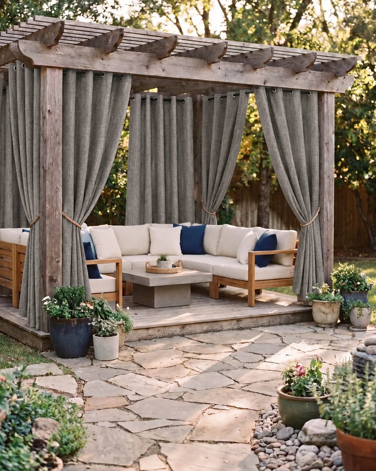 Boston High-Performing Fade-Resistant Waterproof Custom Outdoor Curtain in Grey, open curtains.