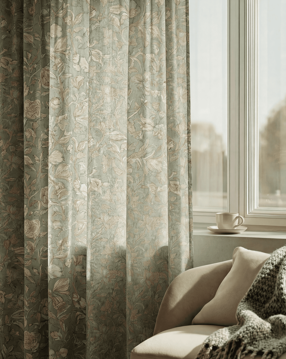 Awake Floral Patterned Sheer Custom Curtain in sage green with a vintage botanical print for custom window treatments.