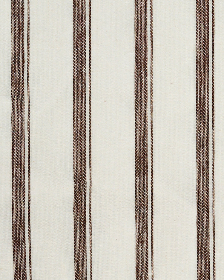 Cate 100% linen fabric swatch, featuring vertical woven brown stripes on a cream background, ideal for custom drapery.