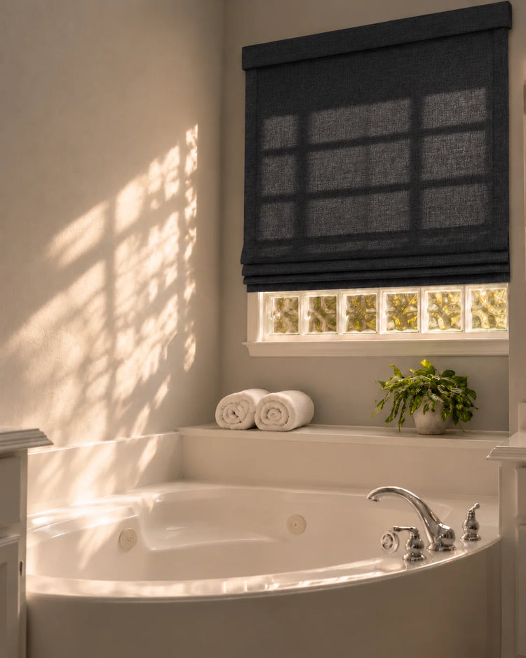 Cassie Flat Fold Linen Blend Cordless Custom Roman Shade in Black, Roman shade in a room.