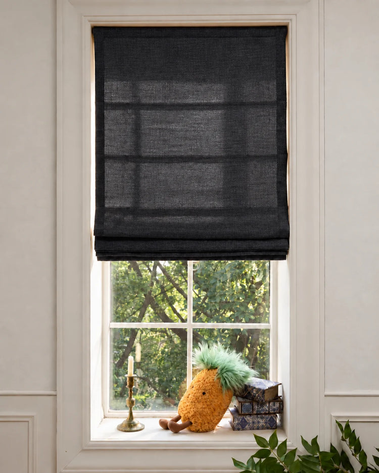 Cassie Flat Fold Linen Blend Cordless Custom Roman Shade in Black, Roman shade shown open.