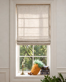 Cassie Flat Fold Linen Blend Cordless Custom Roman Shade in Oatmeal, Roman shade shown open.