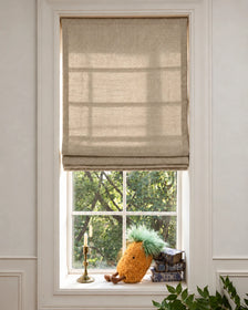 Cassie Flat Fold Linen Blend Cordless Custom Roman Shade in Sand, Roman shade shown open.