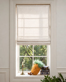 Cassie Flat Fold Linen Blend Cordless Custom Roman Shade in White, Roman shade shown open.