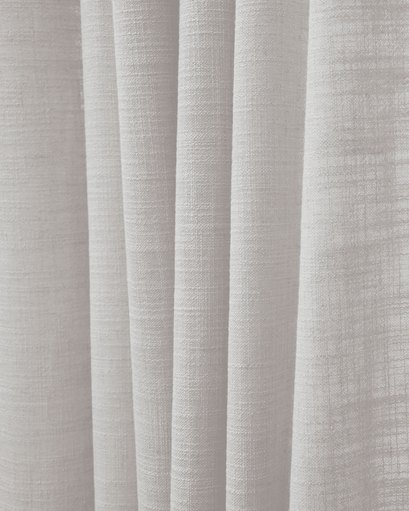 Cassie Linen Blend Fabric close-up, showcasing its natural textured weave and graceful soft folds in a light hue for custom drapery.