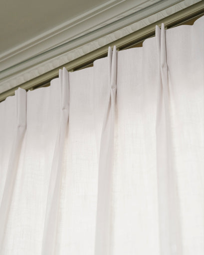 Cassie Linen Blend custom drapery with a refined pinch pleat header, highlighting the tailored craftsmanship of TheHues.