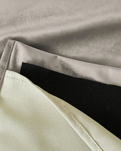 Detailed look at the 4 layers of heavyweight classic velvet custom curtain: plush velvet, soundproof, thermal, and 100% blackout lining.