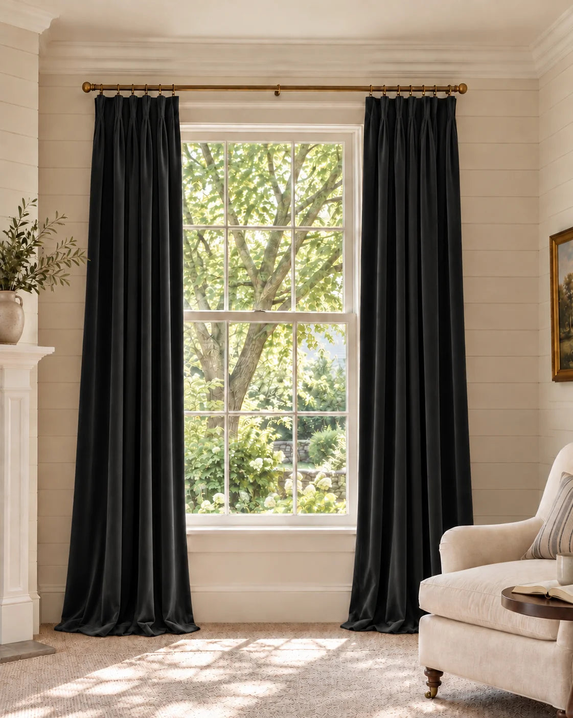 Classic 100% Blackout Velvet Custom Curtain in Black, open curtains.