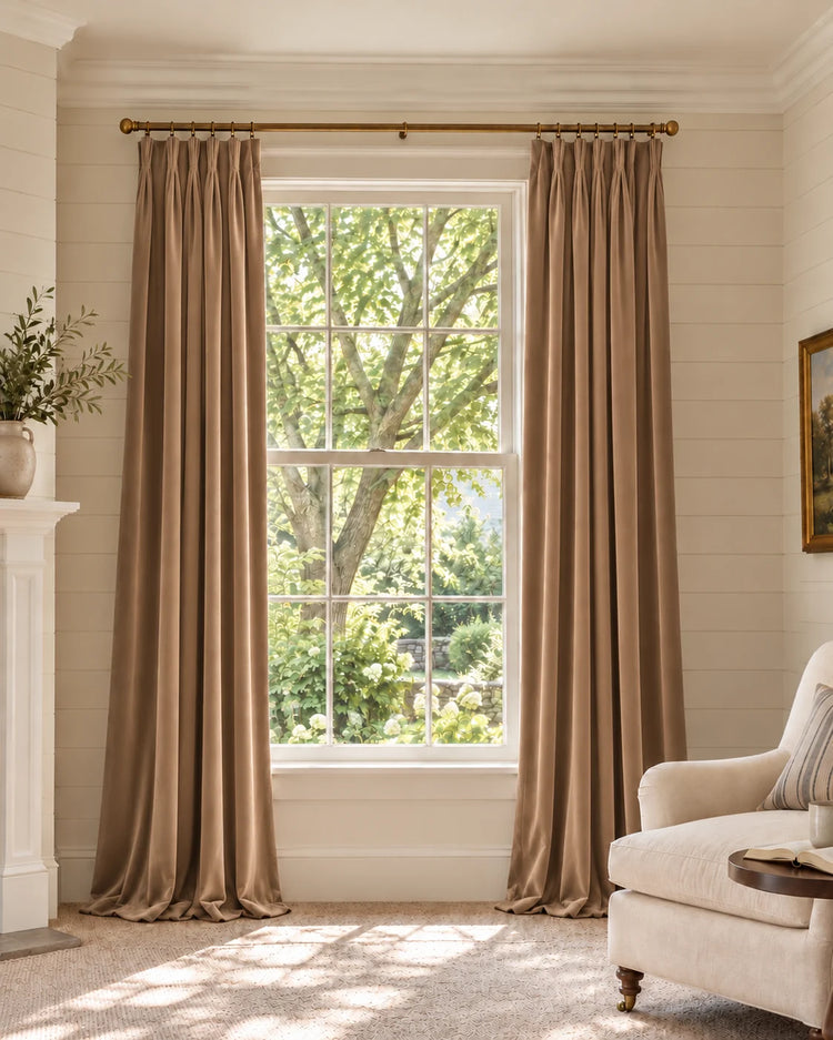 Classic 100% Blackout Velvet Custom Curtain in Blush Beige, open curtains.