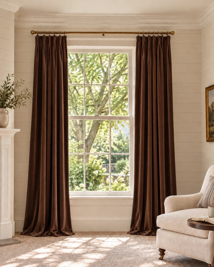 Classic 100% Blackout Velvet Custom Curtain in Chestnut, open curtains.