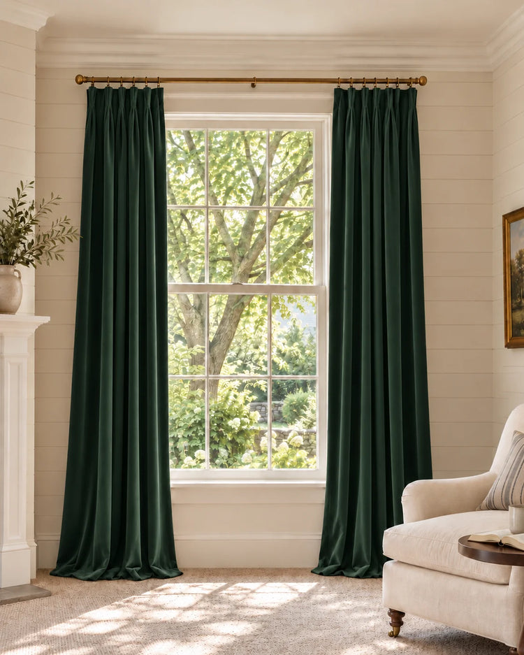 Classic 100% Blackout Velvet Custom Curtain in Dark Green, open curtains.