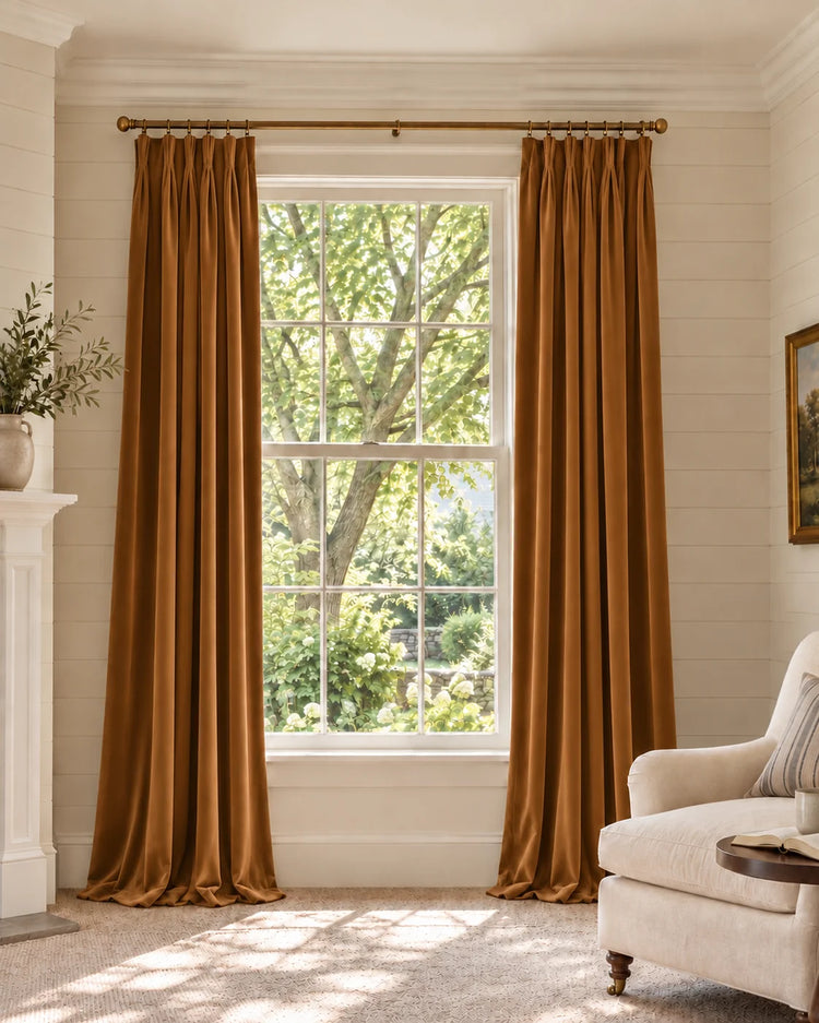 Classic 100% Blackout Velvet Custom Curtain in Gold Brown, open curtains.